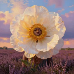 closeup, giant flower as a head, an african woman in a heather field, surreal photography, golden hour, colorful clouds, impressionist painting, digital painting, artstation, simon stalenhag