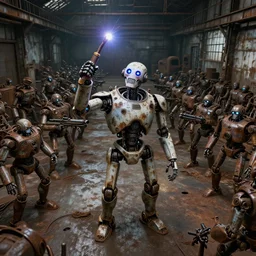 a realistic deranged robot holding a welding torch over its head, standing in front of dozens of robots inside a huge rusty dingy warehouse, army of robots, raygun gothic, atomic punk, digital art, detailed octane render, high angle