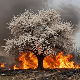 4 k hd, high detail photograph of blossoming tree, apocalyptic scenery, fire, shot with sigma f / 4. 2, 2 5 0 mm sharp lens, wide shot, volumetric lighting, high level texture render
