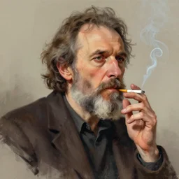 portrait of a middle - aged writer with a beard, he is smoking a cigarette, style of greg rutkowski