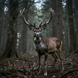 a mutant deer standing at the end of a forest in chernobyl, creepy, scary, menacing, 8 k, high quality