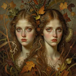 breathtaking detailed concept art painting blend of two goddess of autumn by volegov with anxious piercing eyes, vintage illustration pattern with bizarre compositions blend of plants and stems and leaves by john howe, exquisite detail, extremely moody lighting, 8 k