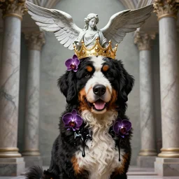 beautiful bernedoodle with a gold crown by alex grey + orchids dripping black iridescent liquid, winged victory, moody, dramatic, introspective, marble columns in background, transcendent, vibrant color, ornamented, clean linework, finely detailed, 4 k, trending on artstation, photorealistic, volumetric lighting, octane render