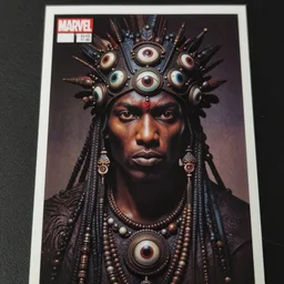an african!! all seeing shaman covered with 9 eyes, dim light, bloom, front game card, marvel comics, dark, intricate, highly detailed, smooth, artstation, digital illustration by ruan jia, mandy jurgens, artgerm, wayne barlowe, greg rutkowski, zdislaw beksinski, and h. r. giger and adi granov