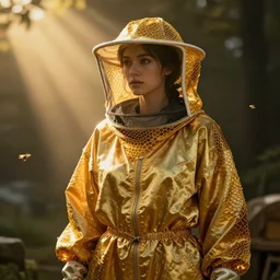 futuristic female beekeeper, wearing silky nanotech honeycomb robe, dramatic lighting, golden colors, light shaft