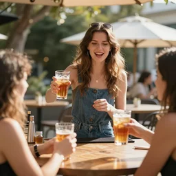 an over-heated young woman serving people alcohol under the hot sun, photograph, 4k UHD