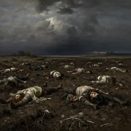 a vast muddy field with many corpses buried underneath it, albert bierstadt, landscape, dark and scary