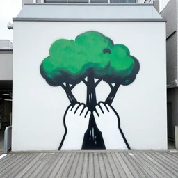 graffiti mural, a cute giant holding trees in its hands, located on a boardwalk in tokyo japan, by banksy, a 1 one, shepard fairey