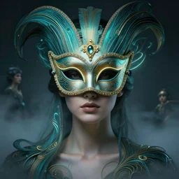 centered portrait of a beautiful woman wearing a venetian mask, intricate concept art, ethereal, highly detailed, artstation, smooth, cinematic, mist, dramatic lighting, darksynth, illuminated lines, outrun, vaporware, turquoise and gold, 8 k, by ruan jia and ilya kuvshinov and liam wong and alphonse mucha