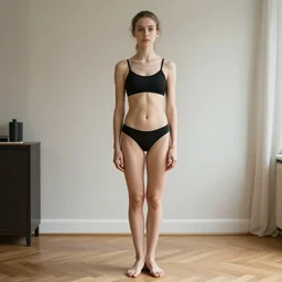 full body photo of 2 0 years old skinny gabriella papadakis, neck wrinkles, wearing black underwwears in the house