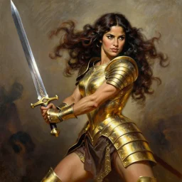 A Frank Frazetta oil painting of a beautiful muscular Salma Hayek wearing gold armor holding a large claymore sword , dynamic shot , HD 4k , intricate , highly detailed , atmospheric , sharp