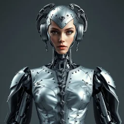 portrait of beautiful female robot super model, perfect symmetrical pose, sharp, by irakli nadar with intricate detailed wearing silver victorian dress designed by alexander mcqueen and rocky gathercole, haunting, elite, elegant, ruan jia, dark, hyper detailed, concept art, intricate, detailed