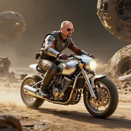 walter white riding a futuristic motorcycle on an abandonment planet, high intricate details, rule of thirds, golden ratio, cinematic light, 8 k, octane render, anime style, graphic novel by fiona staples and dustin nguyen, art by beaststars and orange, peter elson, alan bean, studio ghibli, makoto shinkai