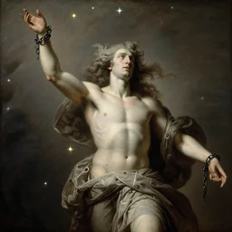 briareus, windy, chains on hands, stars, stoic, modern, is ( ( with arms half lifted toward us ) ). light dust, magnificent, hyperdetailed, theatrical, masterpiece, painted by jean honore fragonard and greg rutkowski