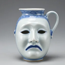 porcelain jug decoration of a sad theatre mask, blue and white porcelain jug decoration