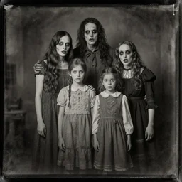 tintype photo of creepy family portrait, horror, nightmare, spooky, vintage, fantasy, detailed, photorealistic, film look