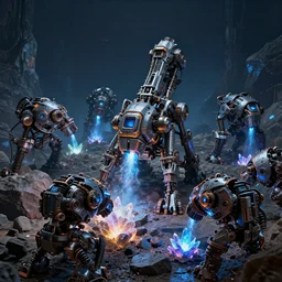 a group of automatic mining machines that extract energy crystals from the rock, dark night, close up peter mohrbacher, featured on artstation, octane render, cinematic, rugged, intricate, 8 k