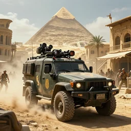 a militarized police vehicle with mounted weapons riding through an orwellian egyptian town, futuristic pyramids in the background, troops searching the area, furious action scene, an epic fantasy, dramatic lighting, cinematic, establishing shot, extremely high detail, photorealistic, cinematic lighting, artstation, octane render, by simon stalenhag, horizon forbidden west