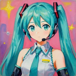 a portrait of a serious Operator Hatsune miku by Wayne Thiebaud, painting by Wayne Thiebaud, heavy pigment, colourful, heavy impasto technique, anime style, big eyes, space age pop
