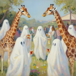 I dreamed a dream of giraffe ghosts having a tee party, oil painting.
