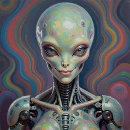 alien neurophysiological robot goddess, intense stare, smirking, symmetrical, concept art, realistic intricate detail, volumetric shadows and lighting, realistic oil painting, 1 9 7 0 psychedelic poster, sharp detail, octane