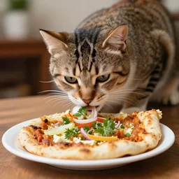 photo of a cat eating lahmacun