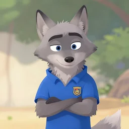 an anthropomorphic wolf in a blue shirt in the style of zootopia