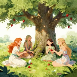 yggdrasil tree of world and very very very very beautiful elf females playing happy and collecting strawberries on grass under the tree, illustration from fashion journal, high detalization mixed with blurs and shape