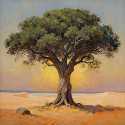 a painting of an epic tree in the desert, an airbrush painting by breyten breytenbach, cgsociety, neo - primitivism, dystopian art,! apocalypse landscape!!