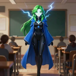 full body portrait of a female wizard in a classroom, skintight black bodysuit, blue robes, green hair, green eyes, white face, cute smile, lightning, very detailed face, highly detailed, high fantasy, digital illustration, by rossdraws