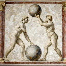 the stone colossus placing a boulder, highly detailed, beautiful colors, renaissance mural, golden ration, in the style of sandro boticceli