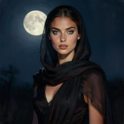 detailed portrait in mysterious femininity, ethnic, clear eyes, statuesque, gazelle - like, confident realistic face, radiant skin, dark gown and scarf, svelte fashion design, bathed in moonlight, chiaroscuro, impressionism, midnight, natural color scheme, contrasting highlights, contemporary, deep rich hues, illustration