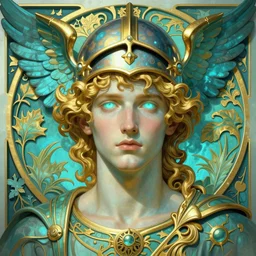 the god hermes, portrait, young man, curly blond hair, glowing eyes, helmet with wings, volumetric lights, cyan and gold scheme, art nouveau botanicals, gothic, intricate, highly detailed, digital painting, artstation, concept art, smooth, sharp focus, symmetric face, illustration, steampunk, art by artgerm and greg rutkowski and alphonse mucha