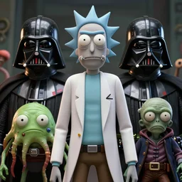 rick and morty fused with lovecraft and vader helmet and the blob and space pirate zombie, realistic portrait, high details, intricate details, by vincent di fate, artgerm julie bell beeple, 90s, Smooth gradients, octane render, 8k, volumetric lightning, photo, High contrast, duo tone, depth of field, very coherent symmetrical artwork