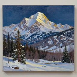 mountains, trees, beautiful nature, winter, night, stars, snow, very detailed, focused, oil painting, colorful, canvas, artstation, Sydney Mortimer Laurence, Albert Bierstadt