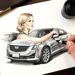 ink and brush drawing of brie larson driving a cadillac
