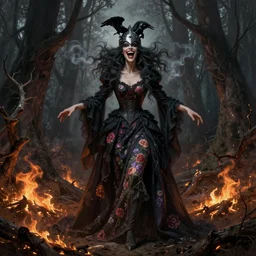 full body shot, malevolent witch facing front laughing maniacally, smoke hair, crow helmet, floral dress, dead forest on fire, fantasy, intricate, photorealistic, elegant, stylish, highly detailed, digital painting, artstation, concept art, smooth, sharp focus, illustration, art by vermeer