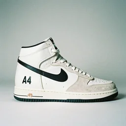 a studio photoshoot of A Nike high top sneaker designed by Virgil Abloh, leather and suede, Off-White, realistic, color film photography by Tlyer Mitchell, 35 mm, graflex