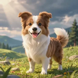 a sweet border collie pokemon in a beautiful landscape. chiho aoshima. very cute. friendly. beautiful. digital render.