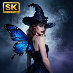 hyperrealistic portrait of amber heard as a vampire witch turned back over - the - shoulder full shot, sapphire butterflies wings, ornate raven hat fabric mystic fog smoke. by jeremy mann and alphonse mucha, bouguereau, alma tadema, fantasy art, photo realistic, dynamic lighting, artstation, poster, volumetric lighting, 4 k, award winning
