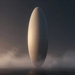 concept art render of a single distant massive beautiful neo - futuristic matte symmetrical elongated oval monolith emerging from fog at dusk by ilm and denis villeneuve, emmanuel shiu, zaha hadid, trailing white vapor, architectural scale, dark background, simplified beautiful form, hyperrealism, matte painting, volumetric, trending on artstation, cgsociety, rendered in octane