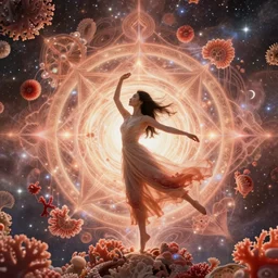 ridiculously beautiful young asian woman tripping, layers of coral and light fractals radiating behind with sacred geometry, cosmic, natural, awakening, symmetrical, in the style of ernst haeckel and alex grey, effervescent, warm, photo realistic, epic and cinematic