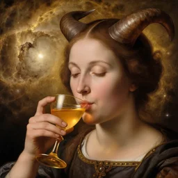 a closeup portrait of a horned woman, drinking a golden elixir, drinking, chalice, in a heart nebula, golden hour, by jan van eyck