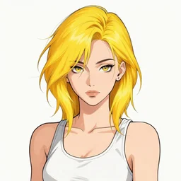 character portrait of a cool girl with dyed golden yellow hair, messy hair, wearing a tanktop, detailed eyes, highly detailed, lesbian, stylized, medium shot, vector line art, clean cel shaded vector art, by ross tron, lois van baarle, artgerm, helen huang, makoto shinkai, ilya kuvshinov, rossdraws