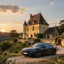 award winning photo of an ultra detailed high quality!! a house on the hill in the dordogne in france, beautiful sunset. summer. highly detailed, highly intricate, depth of field, trending on top gear, full car body, wide angle lens