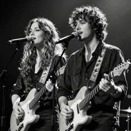 black and white photo of a man and a woman playing electric guitars on stage and singing