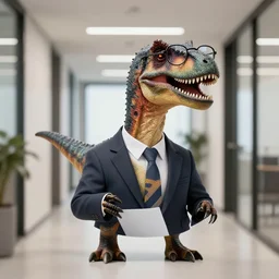 a linkedin profile photo of a velociraptor in a business suit with glasses on, in an office hallway