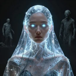portrait of a beautiful woman, covered in transparent cloth, plastic, glowing eyes, flat background, masterpiece, glowing, wires everywhere, by edgar maxence and ross tran, zdzisław beksinski, and michael whelan, distant, gustav dore, h. r. giger, 8 k, octane render