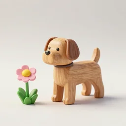 miniature wooden dog near miniature flower, trending on artstation, hdr, photo studio