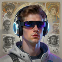 future coder man looking on, sleek cyclops display over eyes and sleek bright headphoneset, neon accent lights, holographic colors, desaturated headshot portrait digital painting by dean cornwall, rhads, john berkey, tom whalen, alex grey, alphonse mucha, donoto giancola, astronaut cyberpunk electric